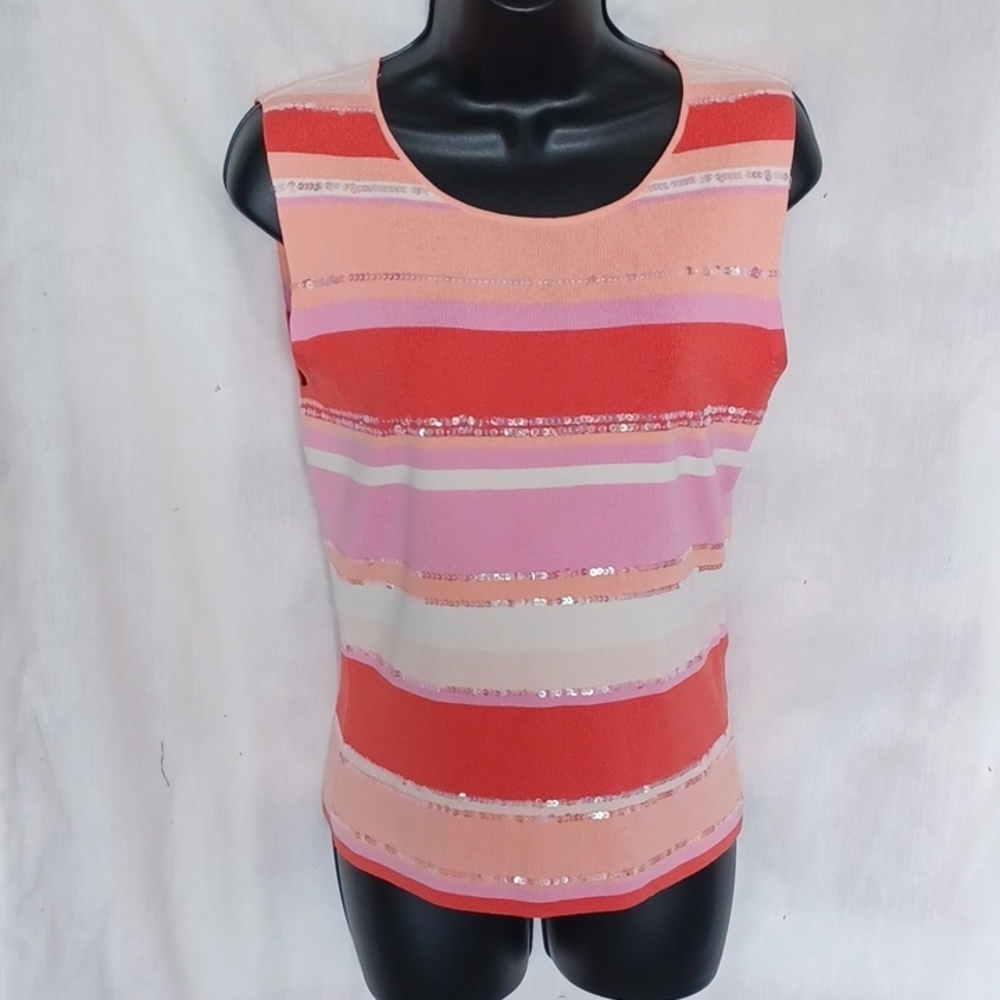 Vintage Casual Corner Orange & Pink Stripe Sequin Sleeveless Silk Sweater Shirt
